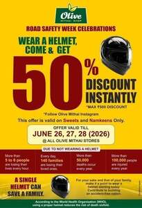  Wear helmet and Get 50% upto ₹500 off on sweets from Olive mithai shop