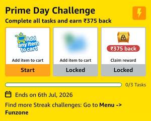 Amazon: Prime Day Challenge,  Complete tasks & unlock ₹375 back offers on shopping (User Specific)
