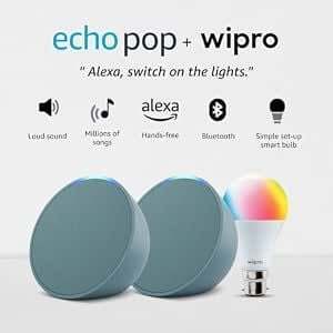 Amazon Echo Pop (Green) gift twin pack with Wipro 9W Simple Setup LED 