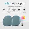 Amazon Echo Pop (Green) gift twin pack with Wipro 9W Simple Setup LED 