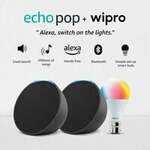Amazon Echo Pop (Black) gift twin pack with Wipro 9W Simple Setup LED Smart Color Bulb and Alexa | with Smart Home controls @3577
