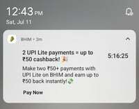 BHIM UPI Lite Offer: Complete 2 Payments of ₹50 or more & Get up to ₹50 Cashback
