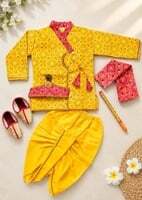 Boys Krishna Costume Kurta Dhoti Set, Yellow Bandhani Print (6-12m)