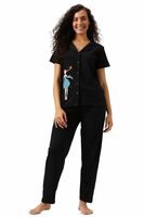 Clovia Women's Cotton Printed Button Down Shirt & Pyjama Night Suit Set