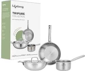 ₹700 coupon: Lifelong Triply 4-piece cookware Set|Kadai,Frypan & Saucepan|Stainless Steel 22 cm Kadai & Fry Pan22 cm with Stainless Steel Lid|16 cm Sauce Pan|Induction Bottom & Gas Stove Cookware(Silver)