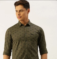 The Indian Garage Co - Men's Olive Green Slim Fit Printed Spread Collar Full Sleeves Shirt