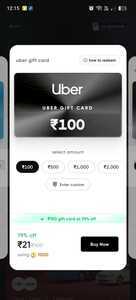 Cred uber 100Rs gift card at 79% off (User Specific)