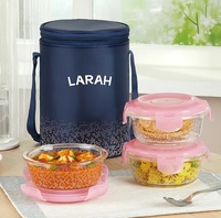 Larah By Borosil Speckle Pink Borosilicate Glass Lunchbox, 3pc Round Set (400ml x 3) Tiffin 3 Containers Glass Office Lunch Box (1200ml)