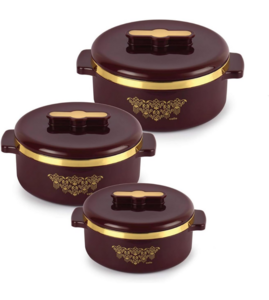 CELLO Exotic Insulated Casserole Set of 3, (500ml, 1000ml, 1500ml) Brown | Double Walled, PU Insulated | Hot Pot Case Keeps Food Fresh & Hot For Long Hours | Casserole Set For Roti, Chapati, Rice
