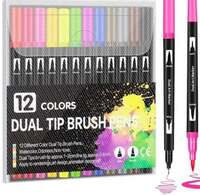 Corslet 12 Pcs Dual Tip Brush Pens Felt Tip Pen Set 12 Colors, Colouring Pens Art Markers for Kids and Adults, Colouring Book, Art Supplies Fineliner Tip Brush Marker for Drawing Sketching