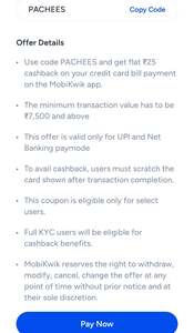 Get flat Rs.25 cashback on credit card bill payment on 7500  and more