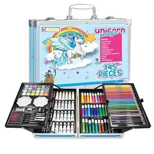 KARP Children Deluxe Art Drawing Set for Kids| Drawing & Coloring Set with Crayons, Oil Pastels, Colour Pencils, Watercolors, Sketch Pens, Brushes & Carry Case (145 Pcs Unicorn Print Art Set - Blue)