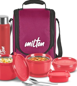 MILTON Pro Lunch Box with Steel Cutlery, 3 Microwave Safe Inner Steel Containers (180 ml, 320 ml, 450 ml), Plastic Chutney Dabba,100 ml, Bottle, 750 ml with Insulated Bag, Office Tiffin, Maroon