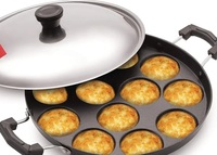 Tosaa Aluminium 12 Cavity Appam Patra Paniyarakkal Two Side Handle with Steel lid & Wooden Picker, ( 23 cm, Black