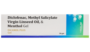 Dicamol Plus Gel For Body Pain Relief
Diclofenac diethylamine (11.6mg)+ Methyl Salicylate (100mg)+ Oleum Lini (30mg)+ Menthol (50mg)

