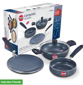 Hawkins Ceramic Nonstick 3-Piece Kitchen Gift Set - Kadhai, Frying Pan and Tava (24ICGP) Induction Bottom Non-Stick Coated Cookware Set