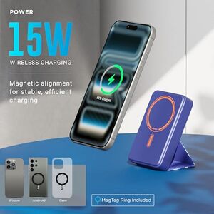 URBN 10000 mAh Stand Magsafe Power Bank with Foldable Stand | 15W Fast Wireless Charging |Strong Magnetic Hold | Type C Input/Output | Pass Through Charging | MagTag Ring Included | (Blue Camo)
