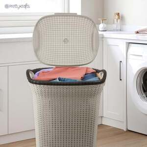 PrettyKrafts 60L Plastic Laundry Basket with Lid (61x45x35 cm) | Large Ventilated Knit Storage Bin with Handles for Clothes & Toys