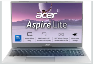 Acer Aspire Lite Intel Core i3/Core 3 14th Gen-100U Processor, Office 2024 + M365 Basic, 8GB RAM/256GB SSD, 15.6"/39.62 cm, FHD IPS Display,Win11Home, Steel Grey, 1.59Kg, AL15-53, Thin & Light Laptop