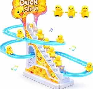 TEC TAVAKKAL Duck Slide Toy Set, Funny Automatic Stair-Climbing Ducklings Cartoon Race Track Set Duck Roller Coaster Escalator Toy with Flashing Lights & Music (Duck Slide Track Set)