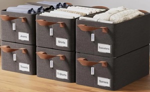 BOXJOY 6 Pcs Wardrobe Cloth Organizer for Storage Box with Label Card & Holder | Foldable Clothes Organiser with Steel Frame & Handle | Smart Jeans Kapde Closet Basket for Cupboard in Almirah Shelf