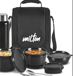 MILTON Pro Lunch Box with Steel Cutlery, 3 Microwave Safe Inner Steel Containers (180ml,