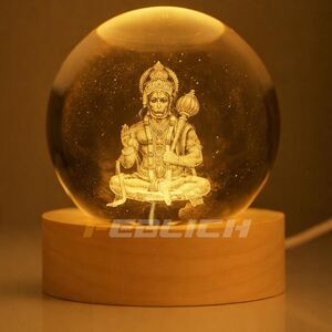 3D Hanuman Crystal Ball Night Lamp, Solar System Hanuman Crystal Ball Night Light, USB Table Colorful Led Wooden Crystel Ball for Home, Office, Birthday Gift (Hanuman) 