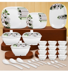 Flipkart SmartBuy Pack of 40 Melamin Emerald Bloom Melamine Dishwasher Safe|Stain Resistant Dinner Set (White, Green)