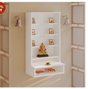 BLUEWUD Shubh Mini Wall Mount Wooden Mandir for Home, Temple for Home, Pooja Stand with Storage Shelves for Idold & Frames, 