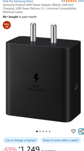 Samsung Original 60W Power Adapter (Black), GaN Fast Charging, USB Power Delivery 3.1, Universal Compatibility (Without Cable)