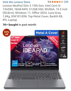 Lenovo IdeaPad Slim 3 13th Gen, Intel Core i5-13420H, 16GB RAM, 512GB SSD, WUXGA, 15.3 inch (38.8cm), Windows 11, Office 2024, Luna Grey, 1.6Kg, 83K101JEIN, Top Metal Cover, Backlit KB, IPS, Laptop